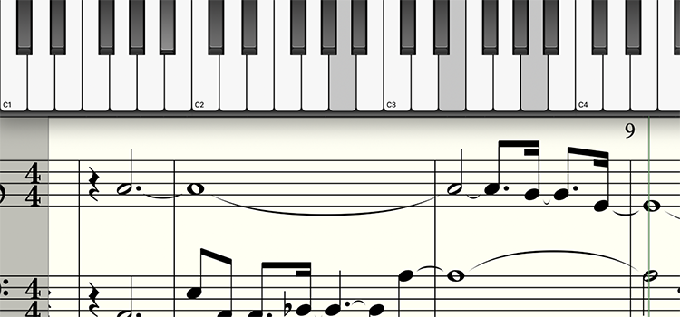 Musikteoribild från dataprogram pianotangenter och noter